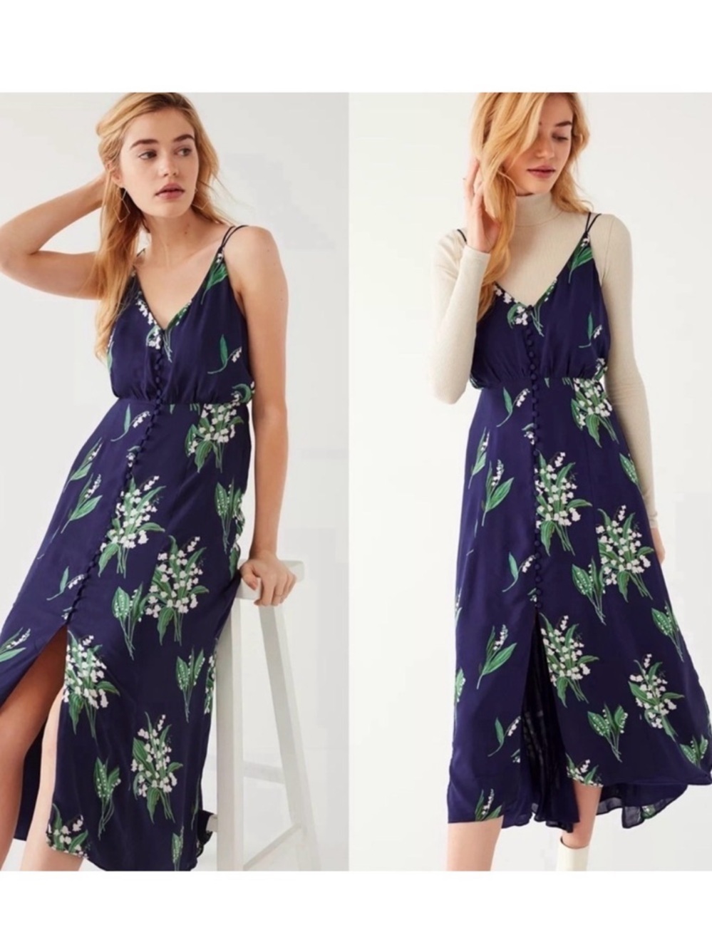 Urban Outfitters Blue Floral Midi Dress 6 Strappy Button Front Slip Dress